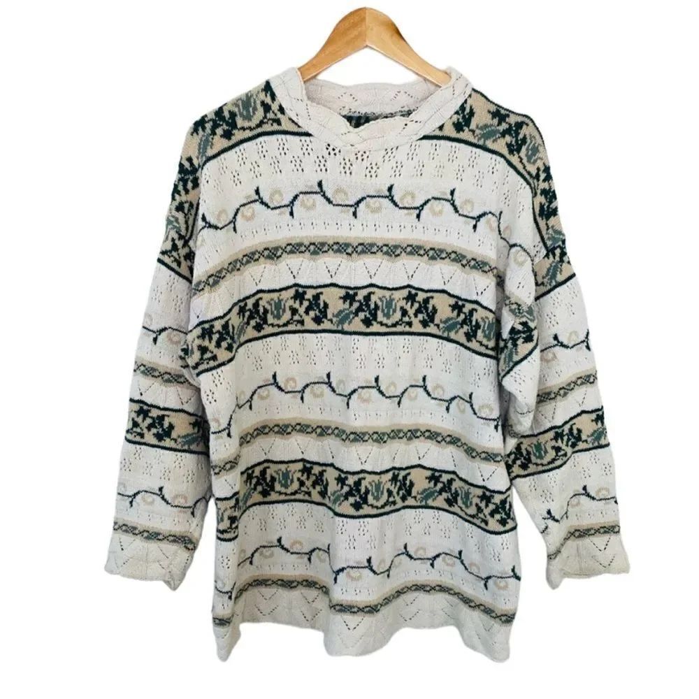 Vintage cottagecore cream green sweater oversized size medium